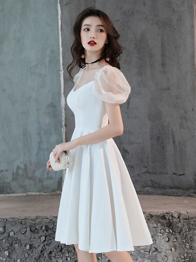 White Satin Short Prom Dress, White Homecoming Dress,Y2423