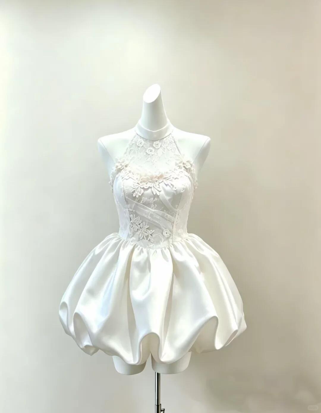 Classy White Halter Satin Lace Appliques A Line Short Graduation Homecoming Dress Cocktail Dress SP2513