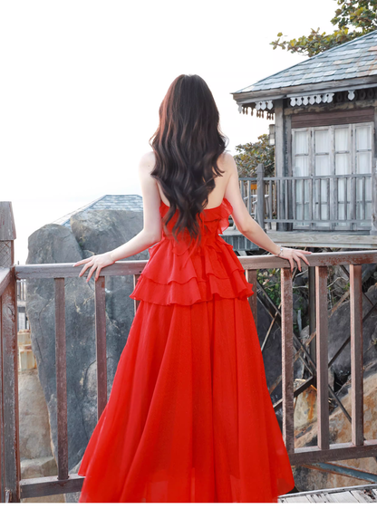 Sexy Red Halter Chiffon Ruffles Long Party Dress Prom Dress SP1973