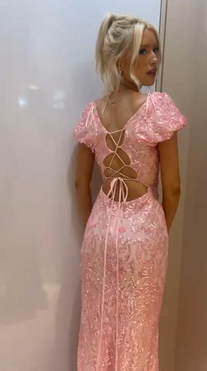 Pretty Pink Satin Sequin Mermaid Slit Prom Gown Long Party Dress SP360