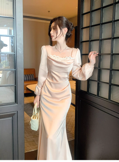 Sweet Lace Neck Pink Satin Mermaid Long Prom Dress Formal Evening Dress Birthday Dress SP1541