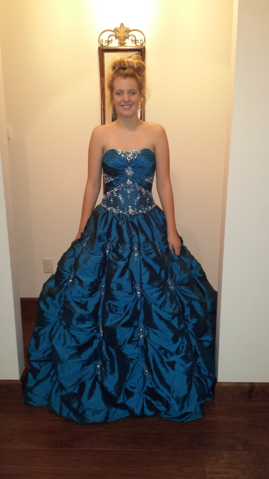 Pretty Strapless Ball Gown Blue Satin Pleated Beaded Long Quinceanera Dress SP2121