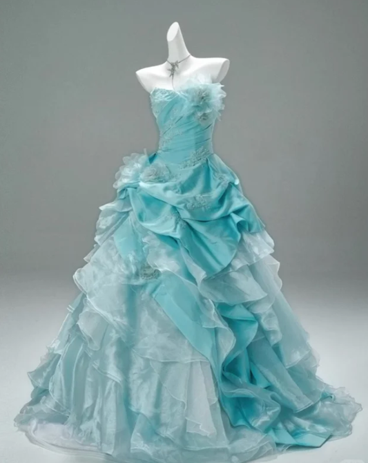 Charming Strapless Blue Satin Organza Appliques Layered Formal Ball Gown Quinceanera Dress SP327