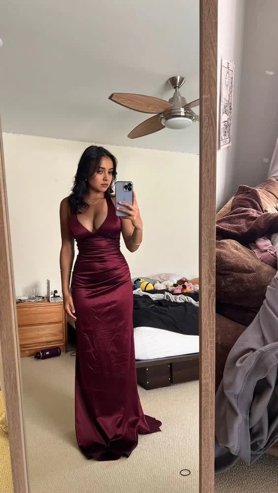 Simple Burgundy V Neck Long Party Dress Formal Prom Dress Y7537