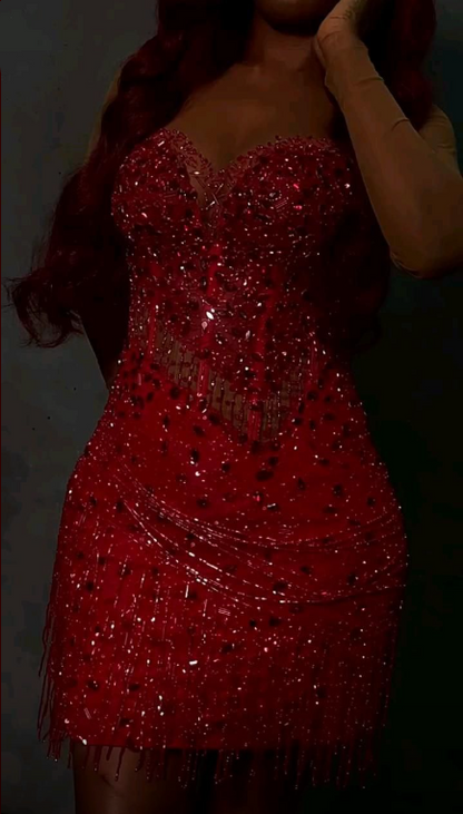 Gorgeous Red Sweetheart Neck Satin Beaded Tassel Sheath Short Graduation Homecoming Dress,Formal Birthday Outfits SP3023
