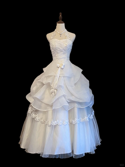 Vintage Halter Ball Gown White Tulle Pleated Lace Long Wedding Dress SP4085