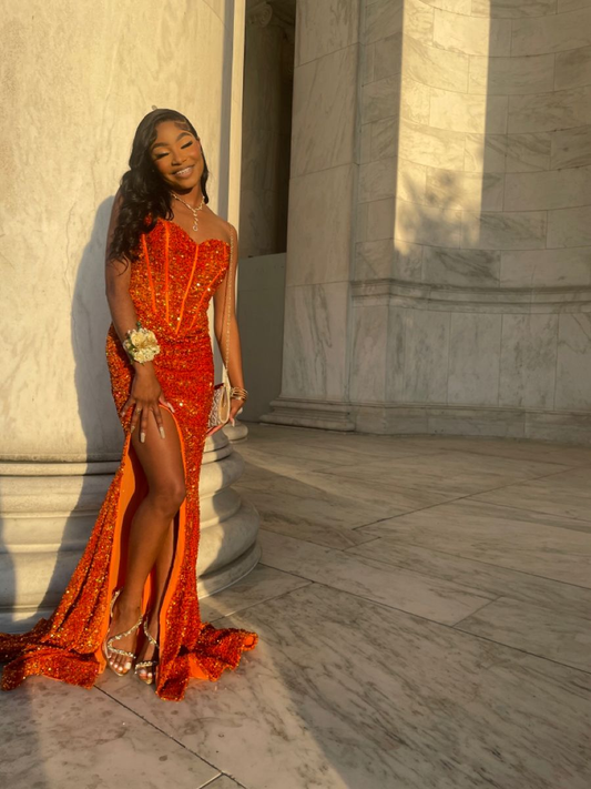 Shiny Orange Sequins Mermaid Prom Dress For Black Girls Y5120