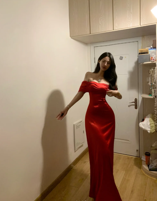 Charming Red Off The Shoulder Satin Mermaid Long Prom Gown Party Dress SP292