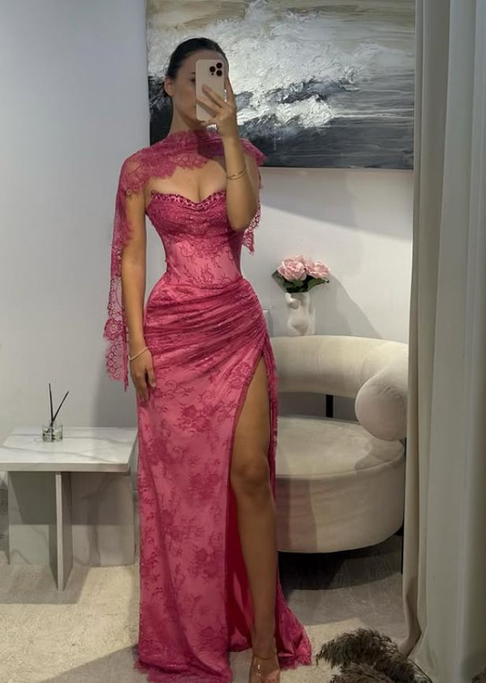 Pretty Pink Strapless Lace Pleated high Slit Long Mermaid Evening Dress Party Gown With Ribbon SP269