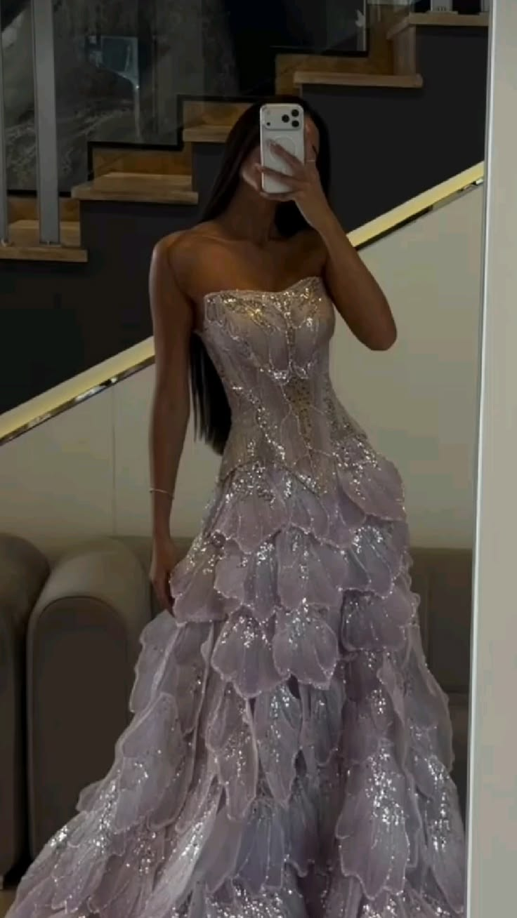 Glamorous Pink Strapless Tulle Petals Sequin Long Party Dress Evening Dress SP3990