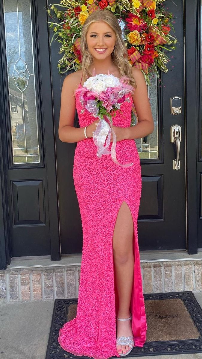 Elegant Pink Sequins Prom Dress With Split,Pink Party Dress  Y5334