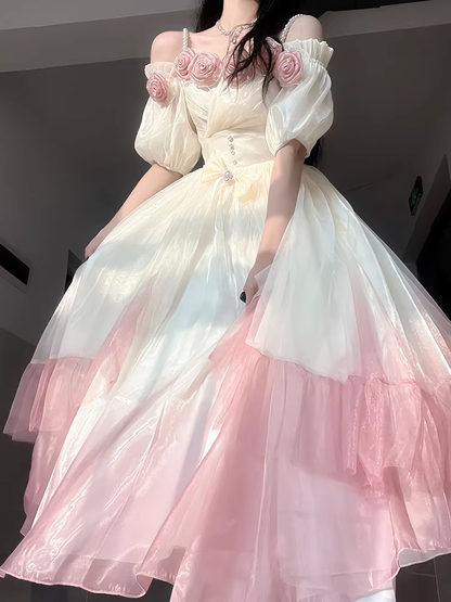 Roses Flowers Masquerade Prom Dress Pink Gradient Floral Wedding Dress Vintage Princess Dress with Pearls Y2401