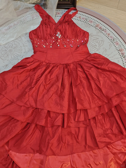 Vintage Spaghetti Straps Satin layered Beaded A Line Cocktail Dress,Red Short 7th Grade Homecoming Dress SP2708