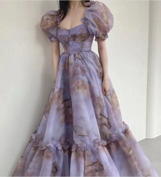 Vintage Purple Chiffon Printed Floral A Line Long Prom Gown Birthday Party Dress SP227