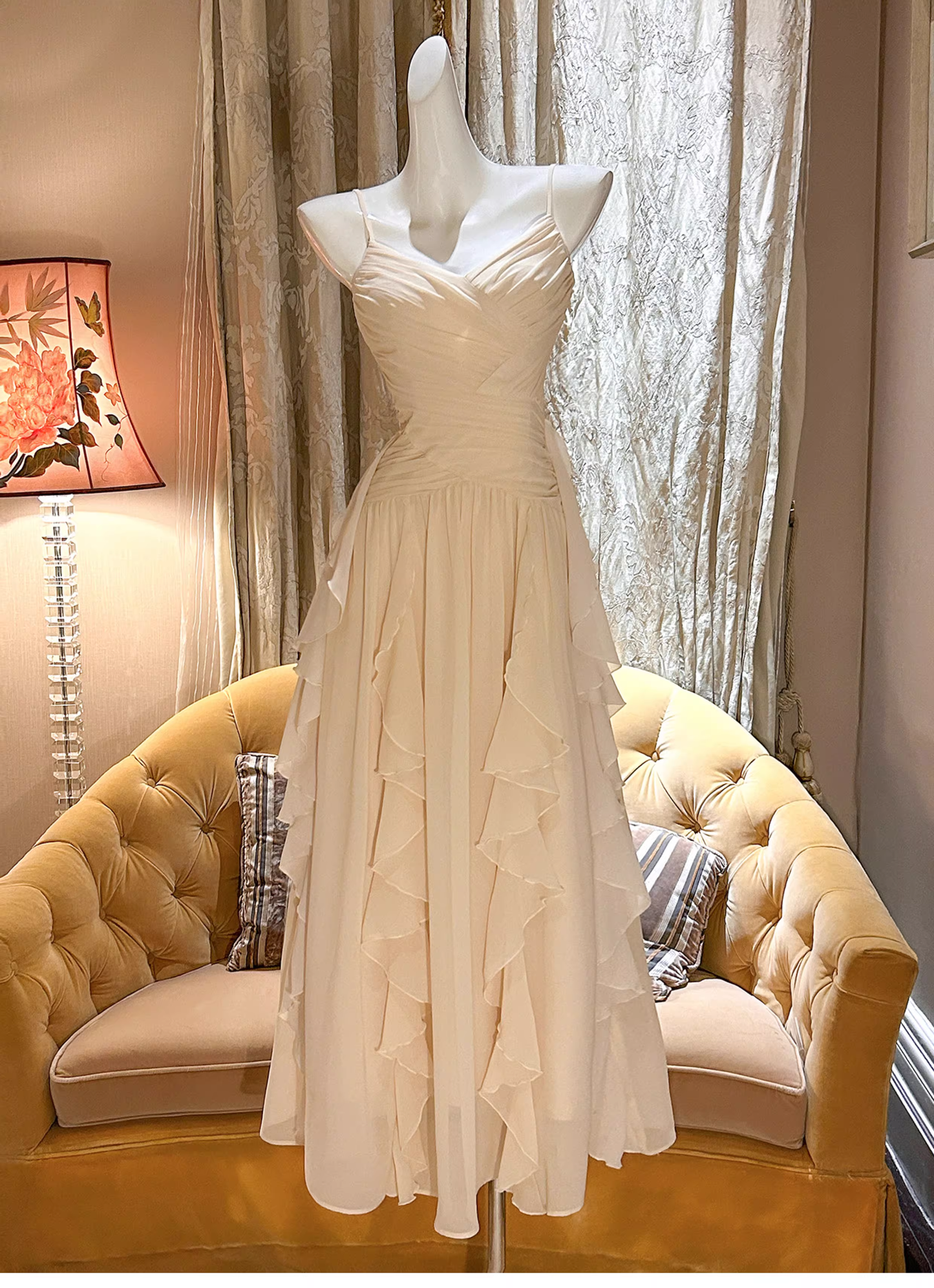 Classy White Spaghetti Straps Chiffon Ruffles Long Wedding Guest Dress Party Dress SP2011