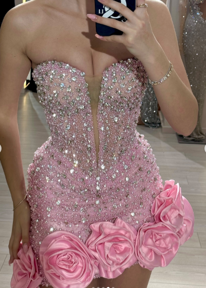 Gorgeous Pink Sequin Beaded Sheath Cocktail Dress Sexy Homecoming Dress With Rose Flowers Y8962