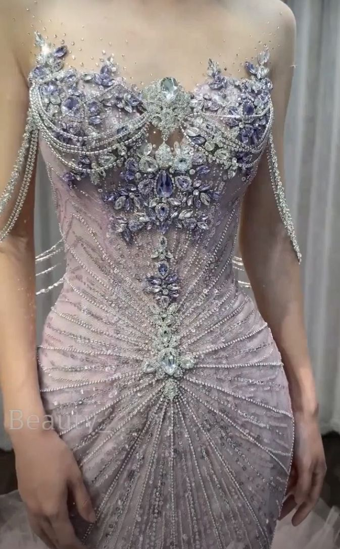 Gorgeous Lilac Tulle Beaded Mermaid Long Party Dress Birthday Evening Dress SP3891