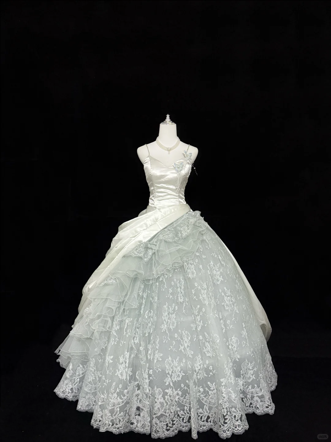 Pretty Spaghetti Straps Tulle Lace Satin Sweet 15 Dress Ice Blue Quinceanera Dress SP2214