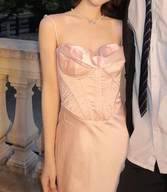 Fashion Prom Dress Light Pink Spaghetti Straps Satin Sheath Long Birthday Party Dress SP3879