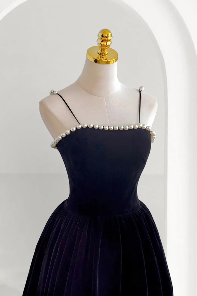 Black Velvet Pearls Elegant Dress, Spaghetti Straps Lace-up Dress, Prom Dress,Y2503