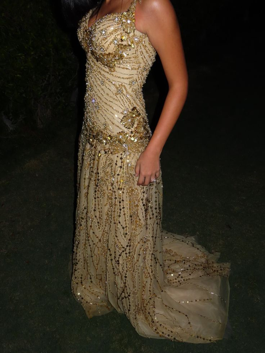 Gorgeous Spaghetti Straps Champagne Gold Tulle Beaded Mermaid Long Party Dress Evening Dress SP3933