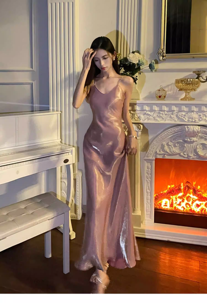 Classy Spaghetti Straps Pink V Neck Satin Mermaid Long Party Dress Formal Wedding Guest Dress SP2004