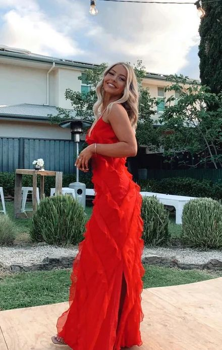 Red Ruffle Long Formal Dress Elegant Evening Dresses Y6823