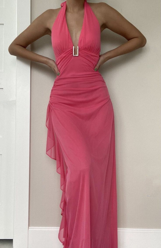 Charming Pink Chiffon Ruffles Evening Dress V Neck Prom Dress Y7783