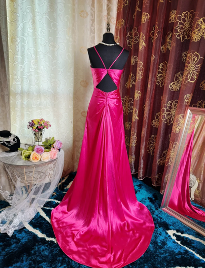 Sexy Hot Pink Satin Beaded Mermaid Party Dress Long Wedding Guest Dress SP1957