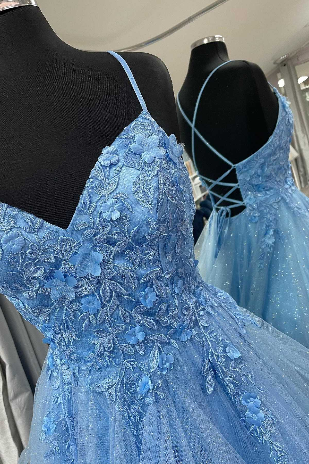 Blue Floral Appliques Lace-Up Tiered A-Line Prom Dress Y4218