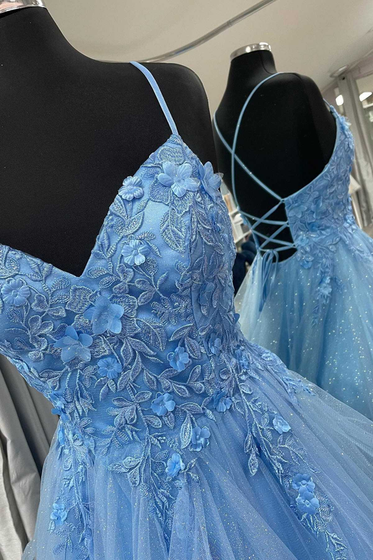 Blue Floral Appliques Lace-Up Tiered A-Line Prom Dress Y4218