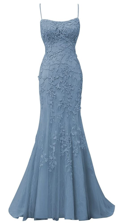 Spaghetti Strap Mermaid Lace Appliques Tulle Prom Dresses Long Criss Cross Backless Formal Evening Dress Y7383