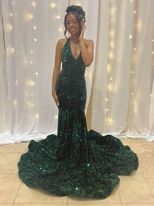 Modern Mermaid V-Neck Sequins Long Formal Evening Dress Y5913