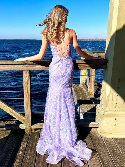 Charming Mermaid Spagehtti Straps Lilac Lace Sequin Long Prom Dress Evening Dress Y8235