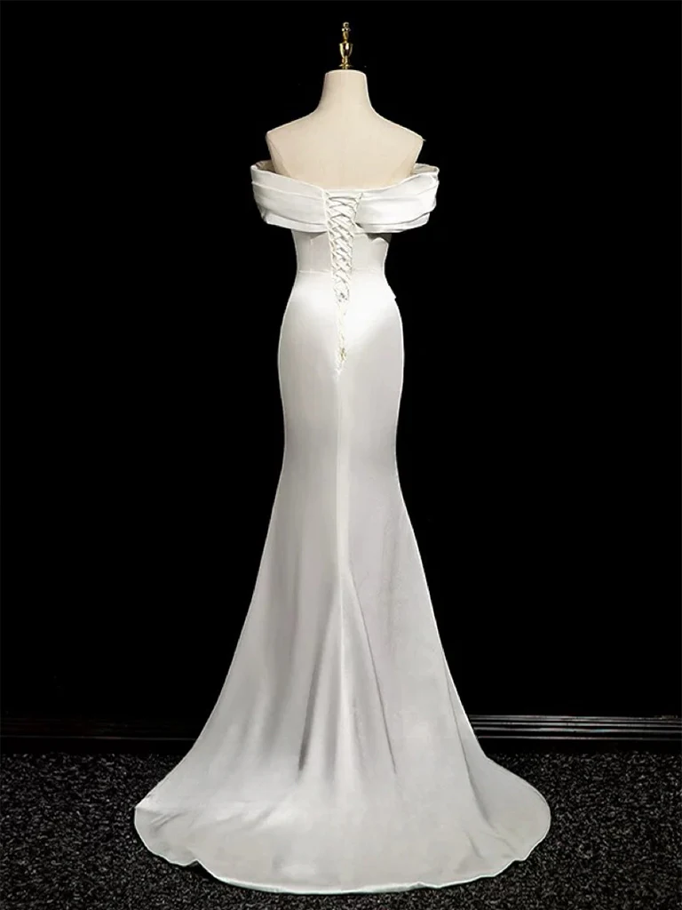 Simple Mermaid Off Shoulder Satin White Long Wedding Dress Y8047