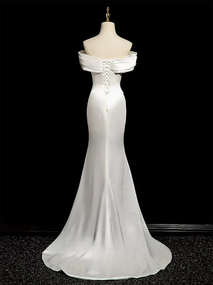 Simple Mermaid Off Shoulder Satin White Long Wedding Dress Y8047