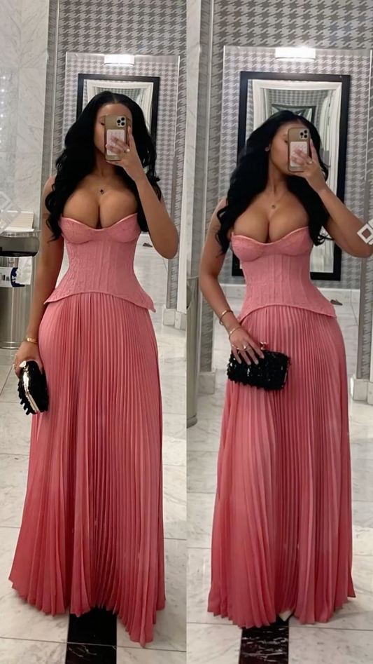 Elegant Spaghetti Straps Pink Satin Pleated A Line Long Evening Dress Formal Wedding Guest Dress SP1472