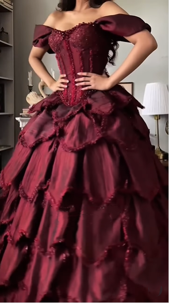 Vintage Off The Shoulder Satin Beaded Petals Layered Ball Gown Burgundy Quinceanera Dress Sweet 16 Dress SP2252