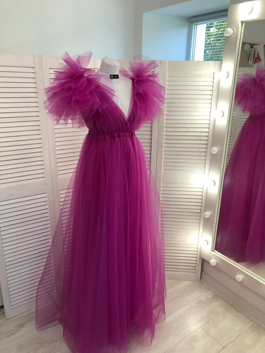 Fuchsia A-line V Neck Tulle Prom Dress  Y2759