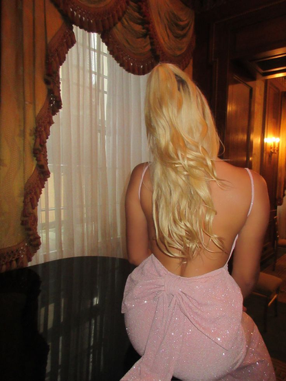 Elegant Pink Spaghetti Straps Sequin Mermaid Prom Dress,Backless Long Party Gown With Bow SP2965
