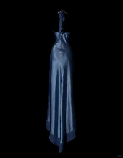 Classy Halter V Neck Satin Chiffon Mermaid Long Party Dress Blue Long Birthday Prom Dress SP4063