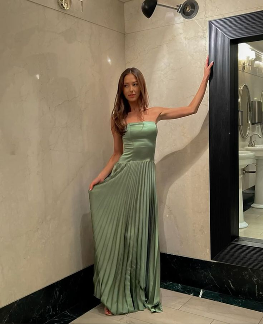 Classy Sage Green Birthday Party Dress Strapless Satin Pleated A Line Long Wedding Guest Dress SP2284