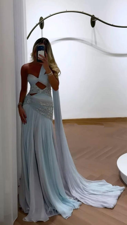 Pretty Blue Chiffon Beaded  Long Party Dress One Shoulder Prom Dress SP4158