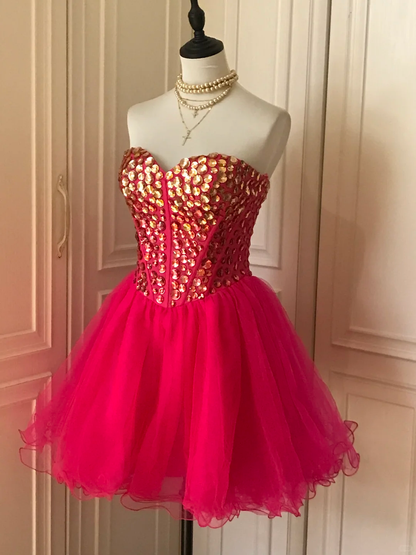 Charming Sweetheart Neck Red tulle Beaded Cocktail Dress Short Homecoming Dress Y9055