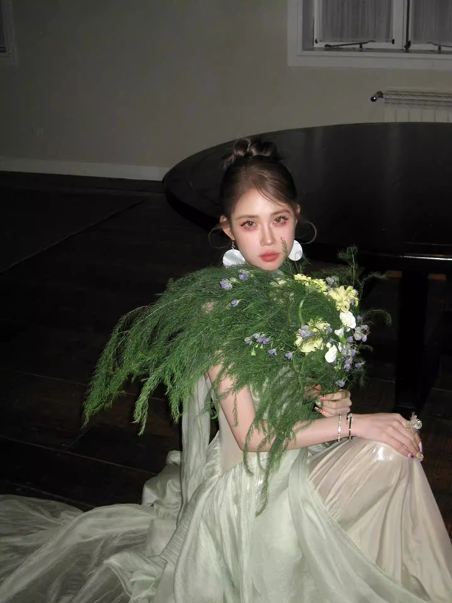 Pretty Green Strapless Tulle Long Evening Dress Birthday Prom Dress With Ribbon SP2026