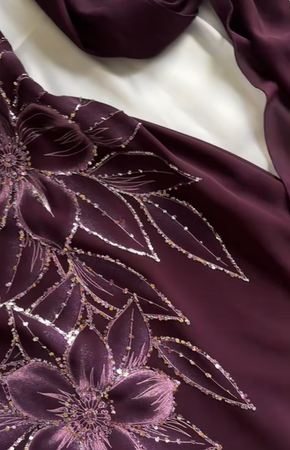 Retro Spaghetti Straps Purple Chiffon Sequin Floral Long Party Dress Prom Gown With Scarf SP2243