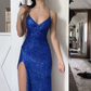 Elegant Blue V Neck Sequins Prom Dress With Split  Y7316