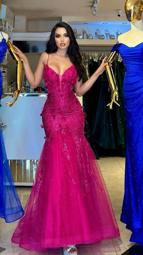 Pretty Spaghetti Straps Hot Pink Tulle Sequin Appliques Mermaid Evening Dress Long Prom Dress SP344