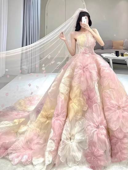 Dream Princess Floral Ball Gown, Strapless A-line Wedding Dress Y8289