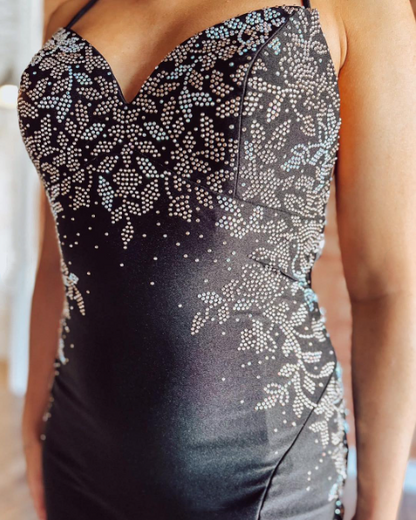 Elegant V Neck Straps Black Evening Dresses Lace-up Back Y1636